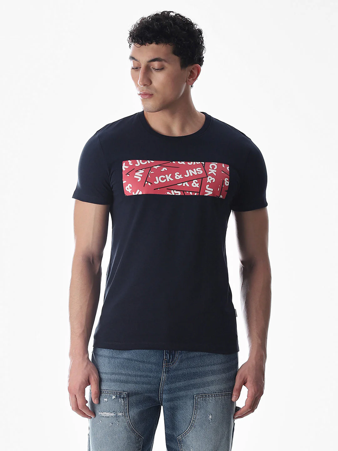 Chest Print Slim Fit T-shirt - Blue - Image 2