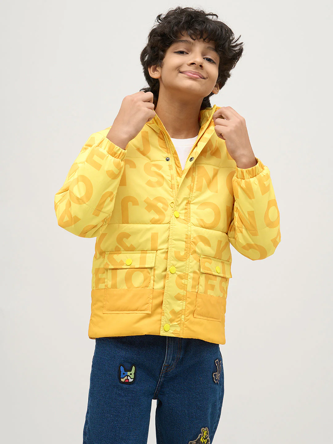 Boys Yellow Typography Puffer Jacket - Image 2