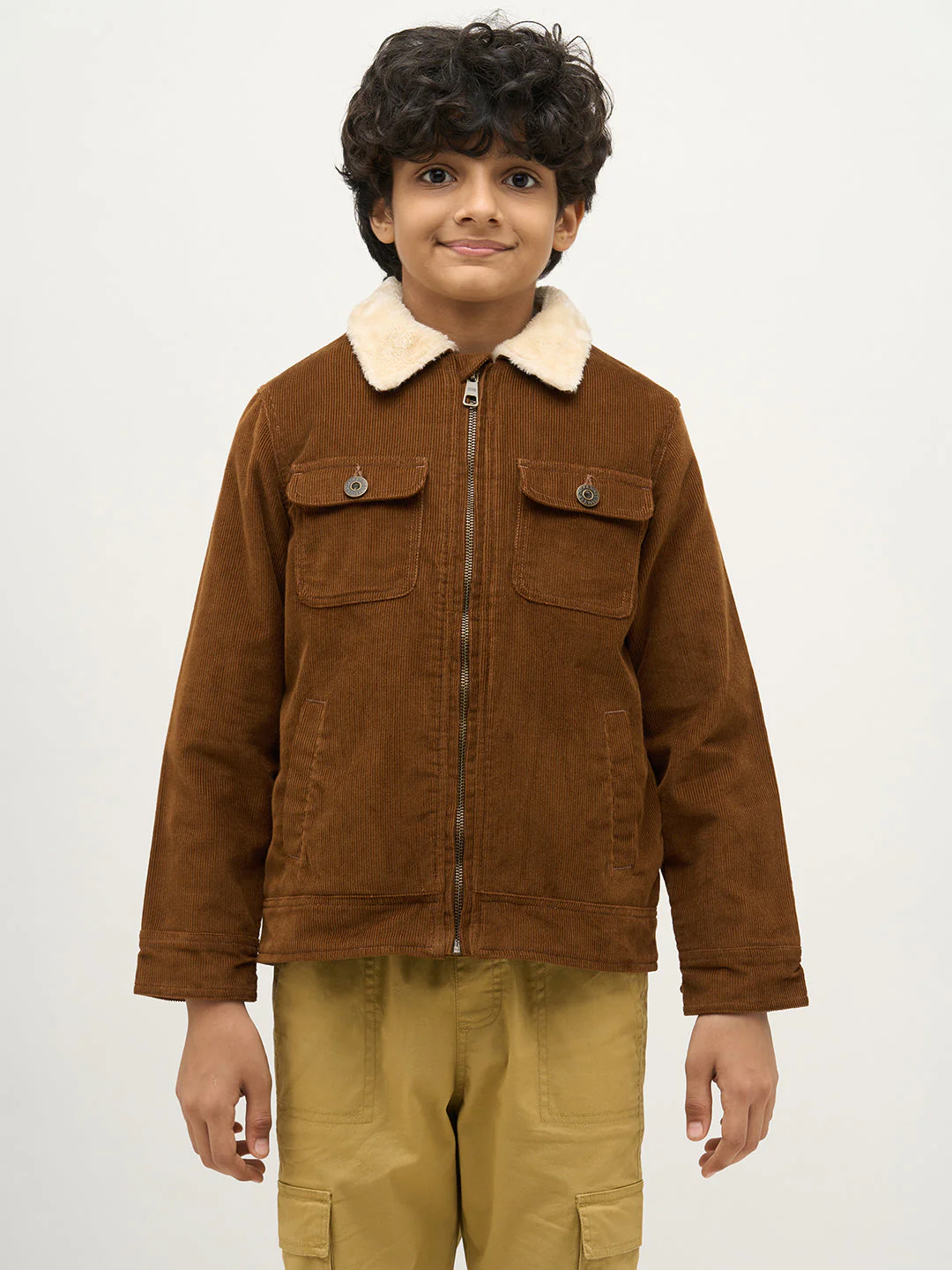 Boys Dark Brown Zip-Up Corduroy Jacket - Image 8