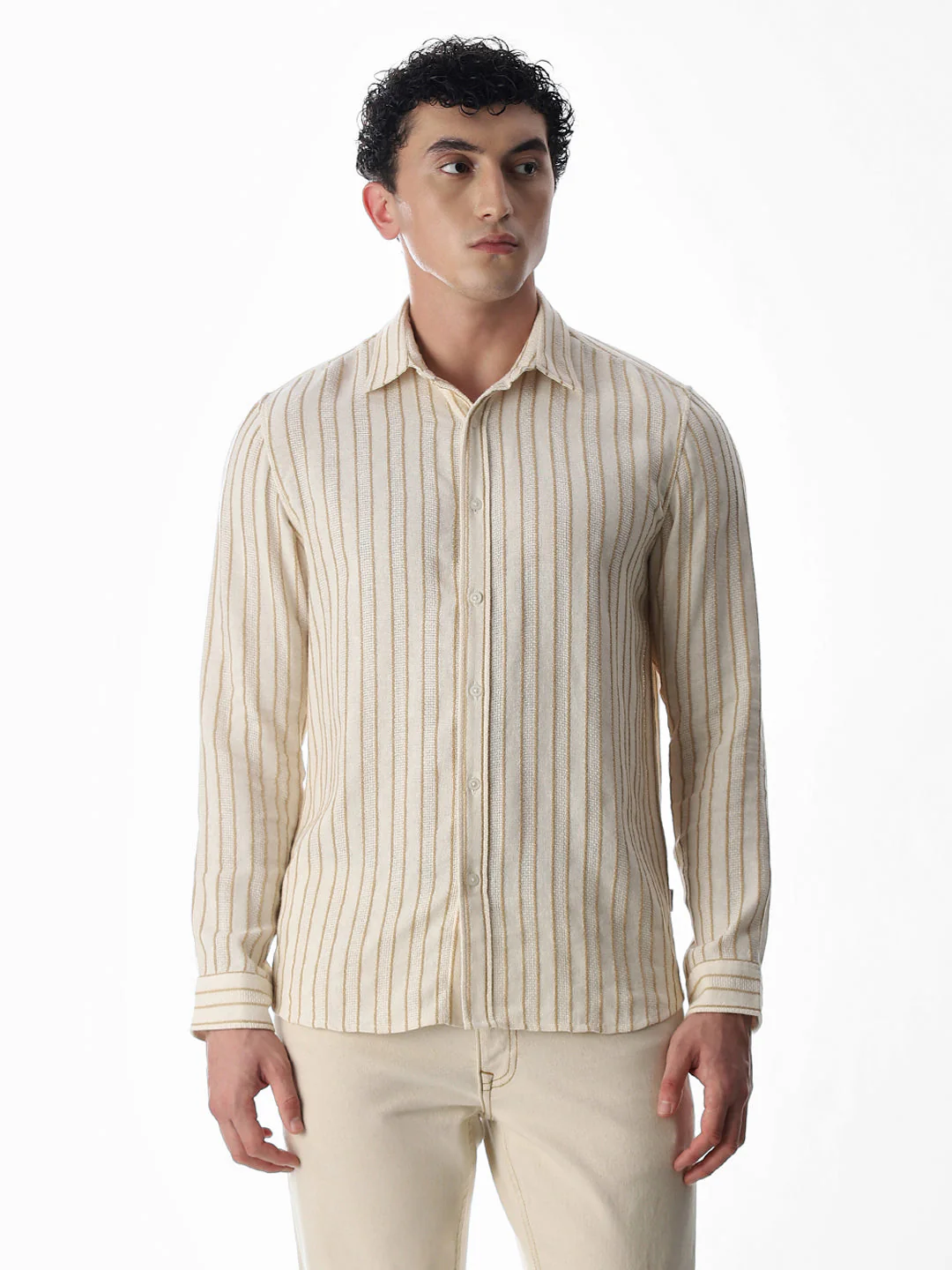 Beige Cotton Striped Shirt - Image 2