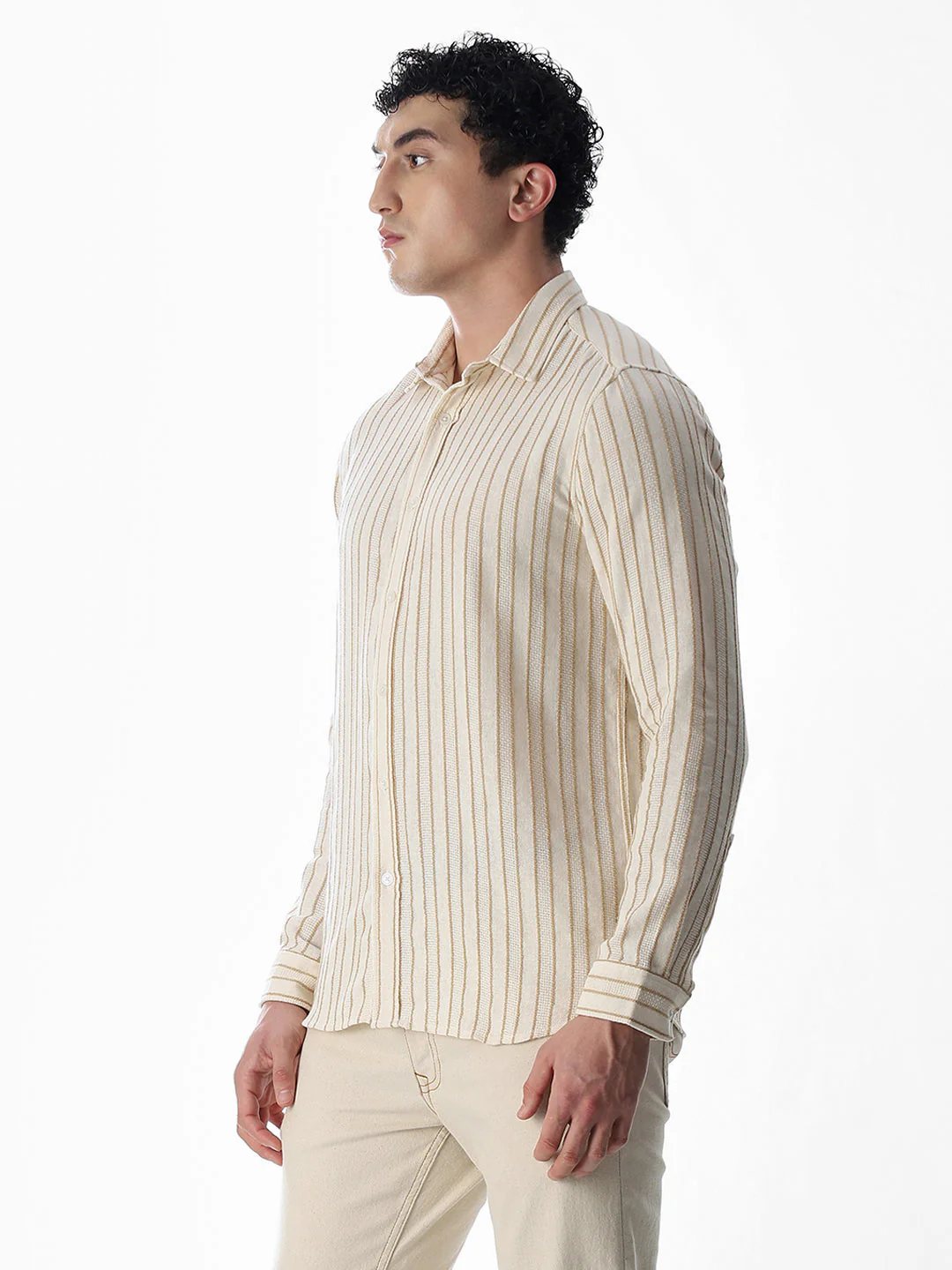 Beige Cotton Striped Shirt - Image 3