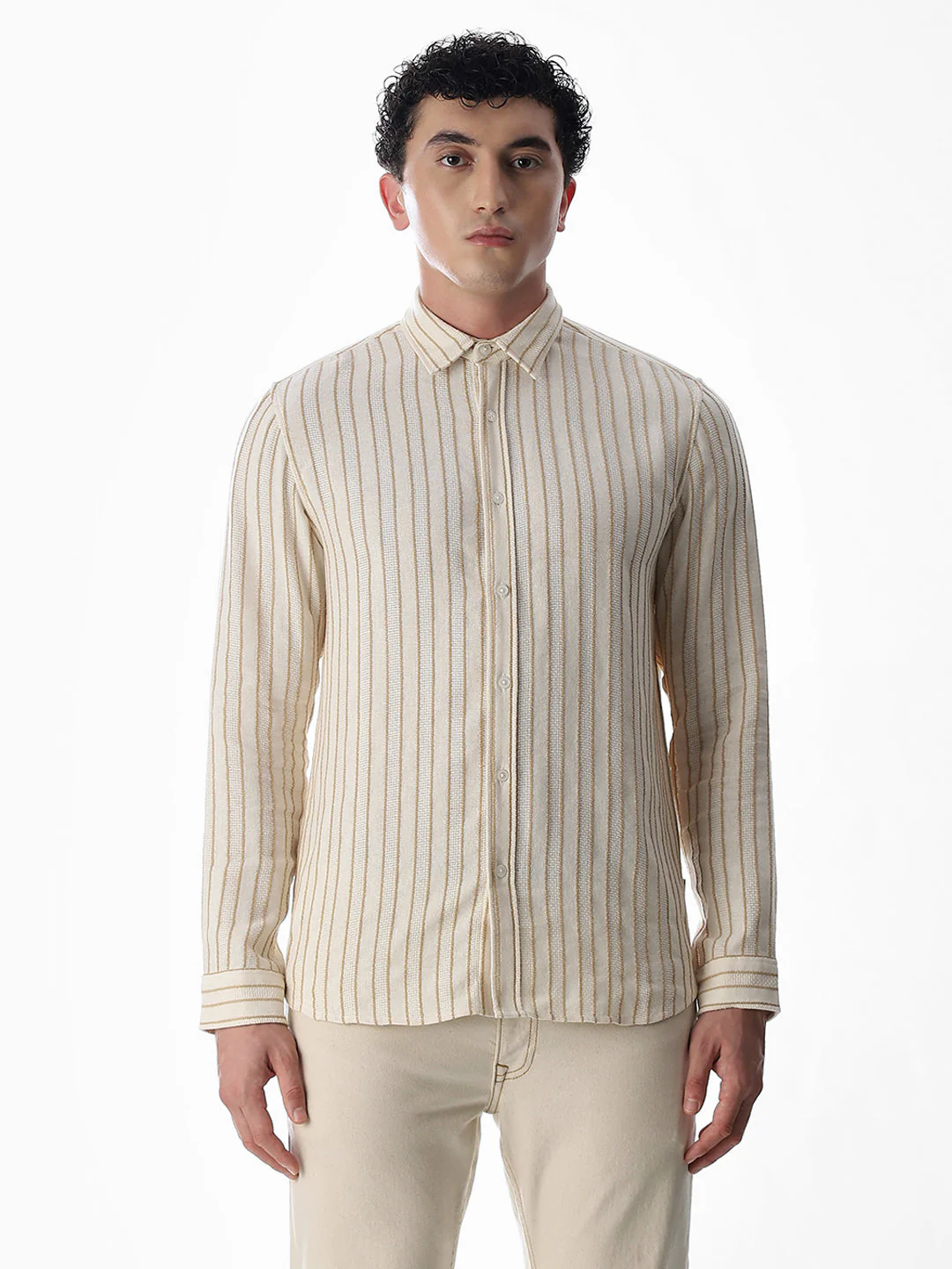 Beige Cotton Striped Shirt - Image 8