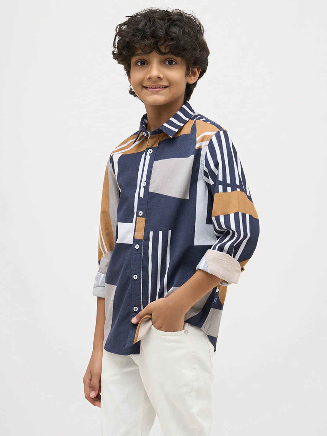 Boys Blue Printed Cotton Shirt - Image 3