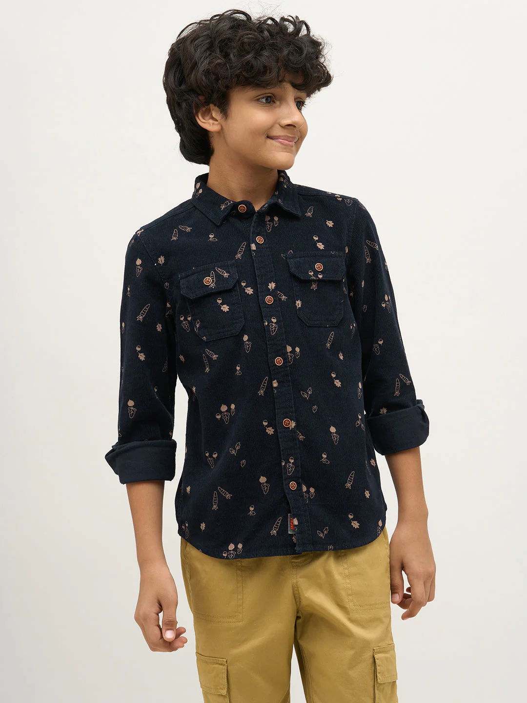 Boys Dark Blue Corduroy Printed Shirt - Image 2