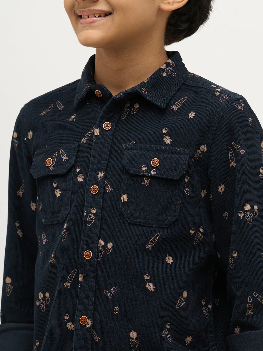 Boys Dark Blue Corduroy Printed Shirt - Image 6