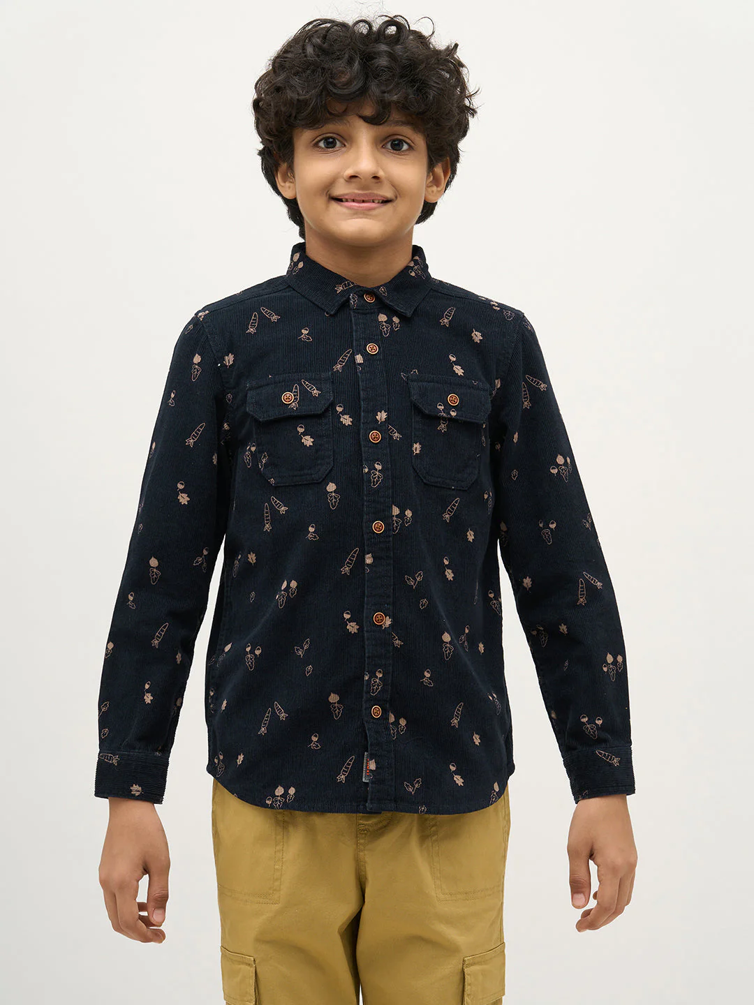 Boys Dark Blue Corduroy Printed Shirt - Image 8