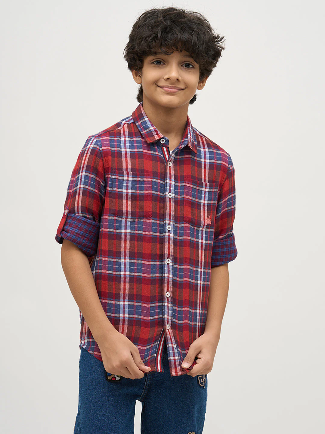 Boys Check Red Cotton Shirt - Image 2