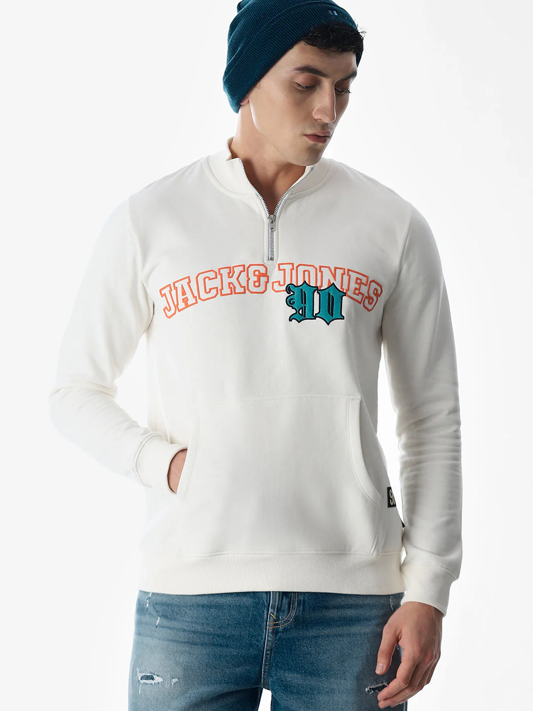 White Embroidered Print Sweatshirt
