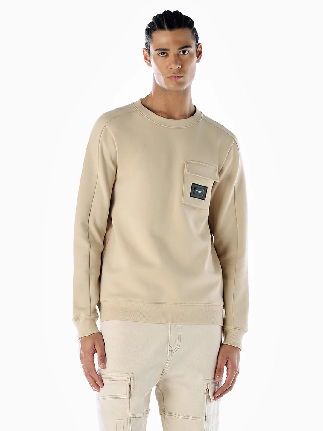 Crew Neck Pocket Detail Sweatshirt - Beige - Image 2