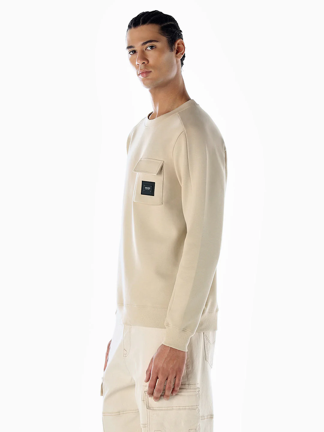 Crew Neck Pocket Detail Sweatshirt - Beige - Image 3