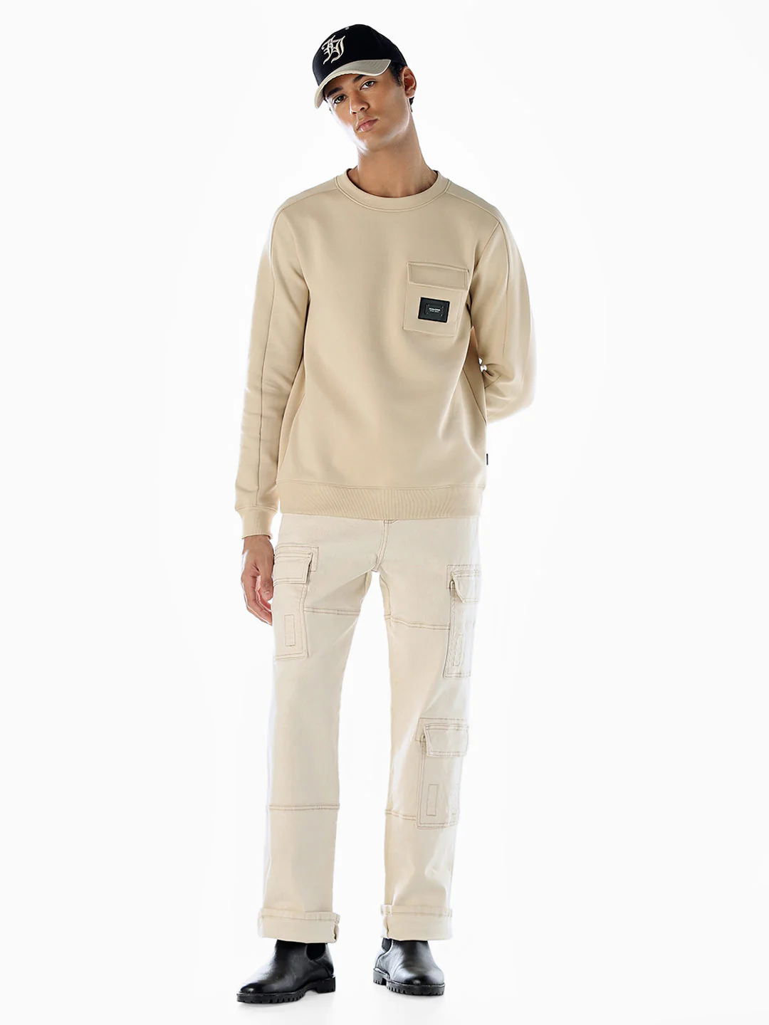 Crew Neck Pocket Detail Sweatshirt - Beige - Image 6