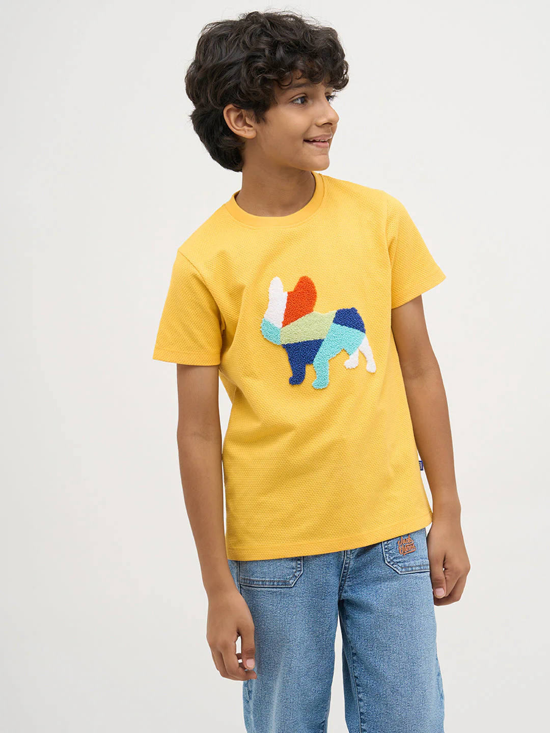 Yellow Embroidered Dog Print T-Shirt - Image 2
