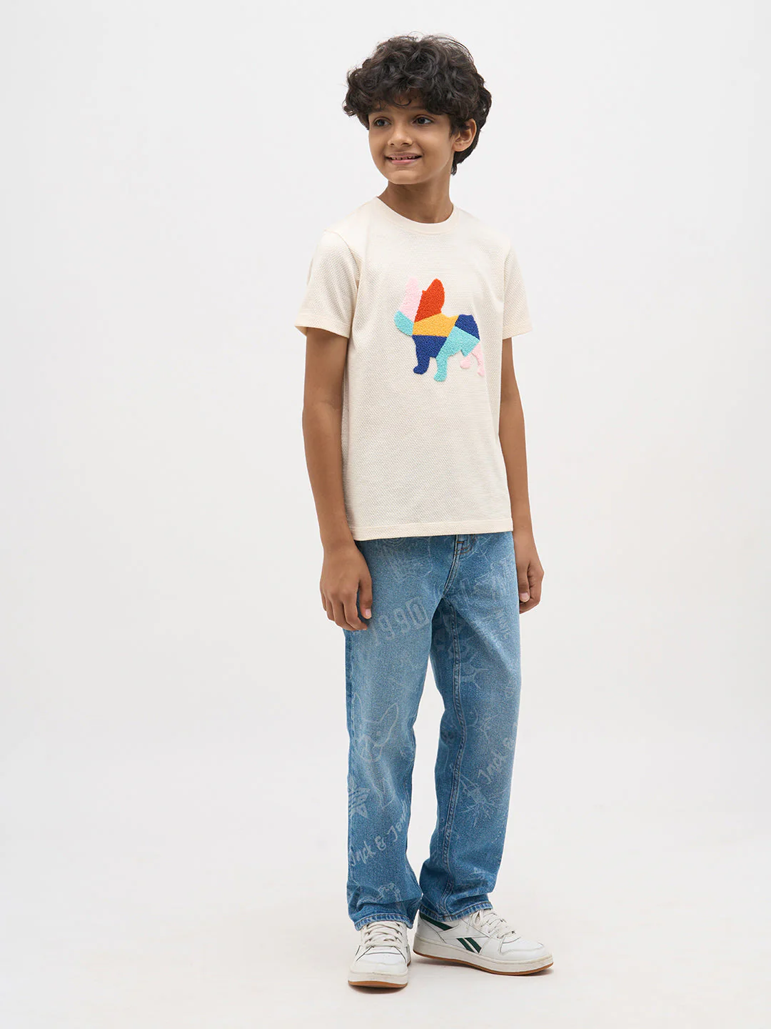 White Embroidered Dog Print T-Shirt - Image 5