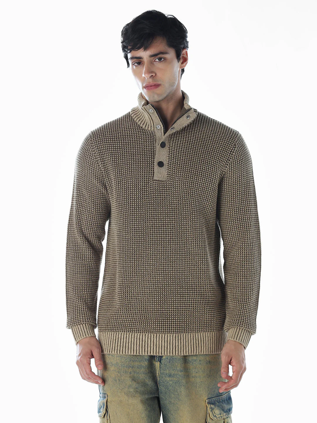 High-Neck Flat Knit - Brown - Image 2