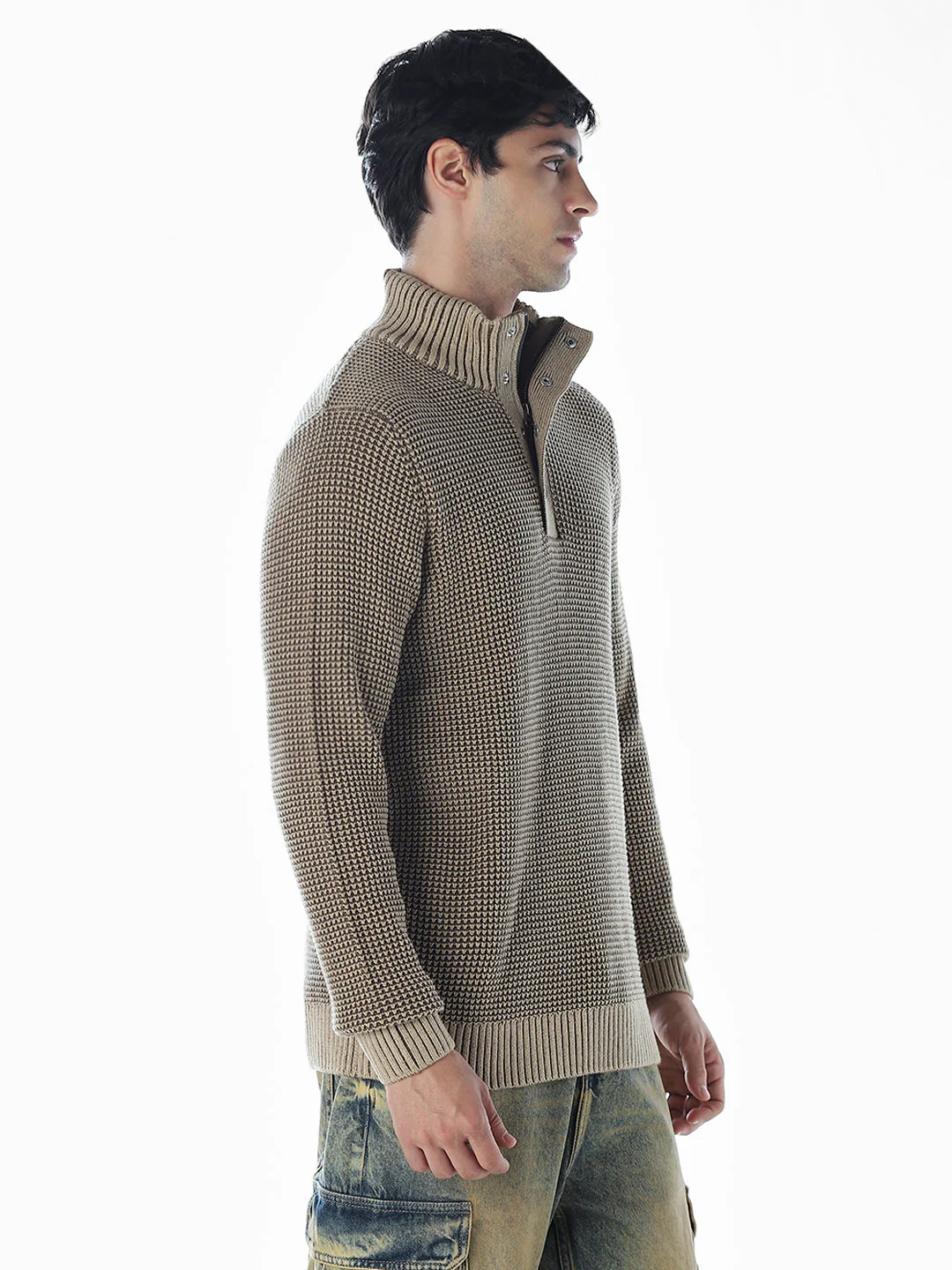 High-Neck Flat Knit - Brown - Image 3