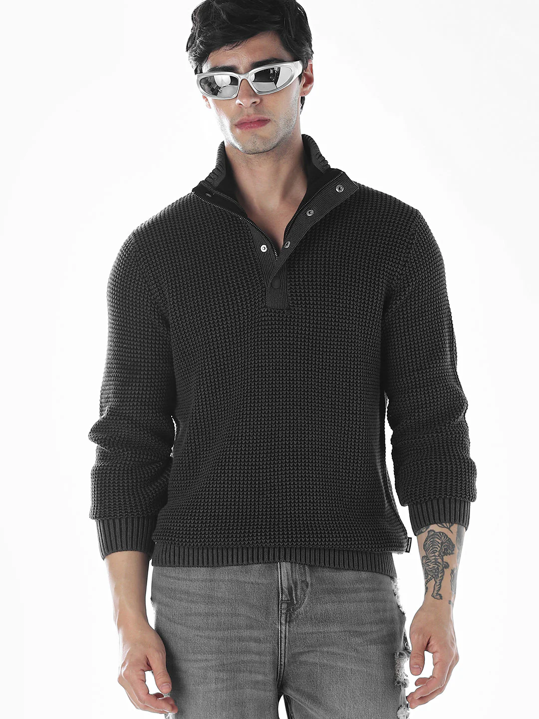 High-Neck Flat Knit  - Black