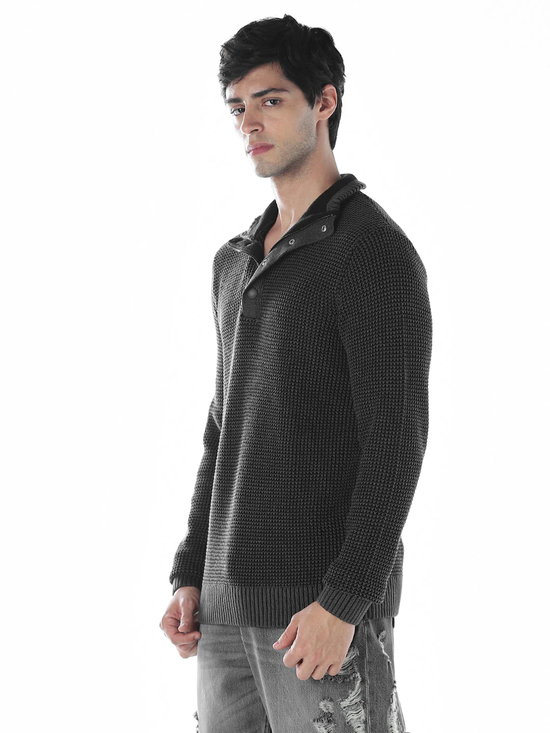 High-Neck Flat Knit  - Black - Image 3