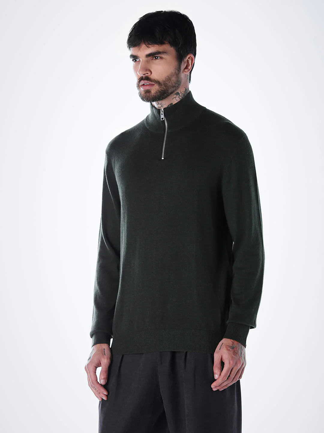 Zip-Up High Neck Flat Knit - Green - Image 3
