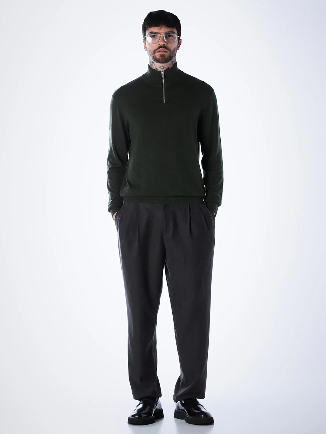 Zip-Up High Neck Flat Knit - Green - Image 6