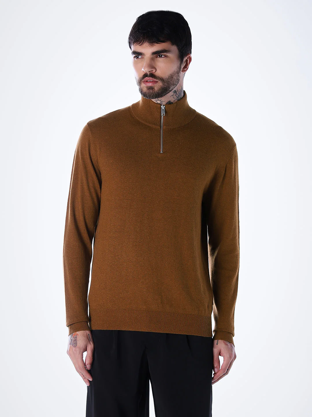 Zip-Up High Neck Flat Knit - Brown - Image 2