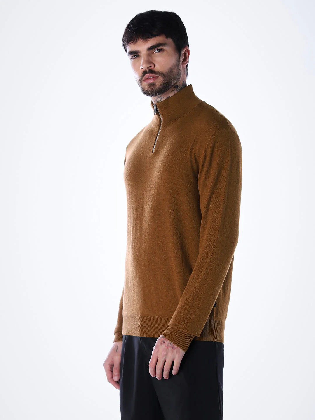 Zip-Up High Neck Flat Knit - Brown - Image 3