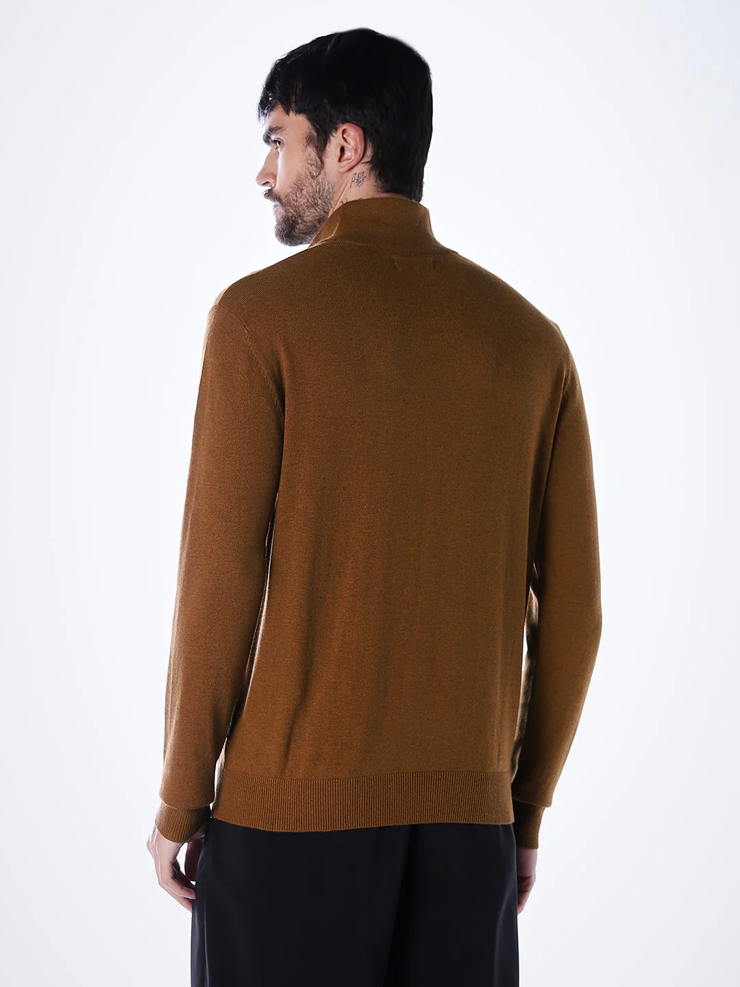 Zip-Up High Neck Flat Knit - Brown - Image 4