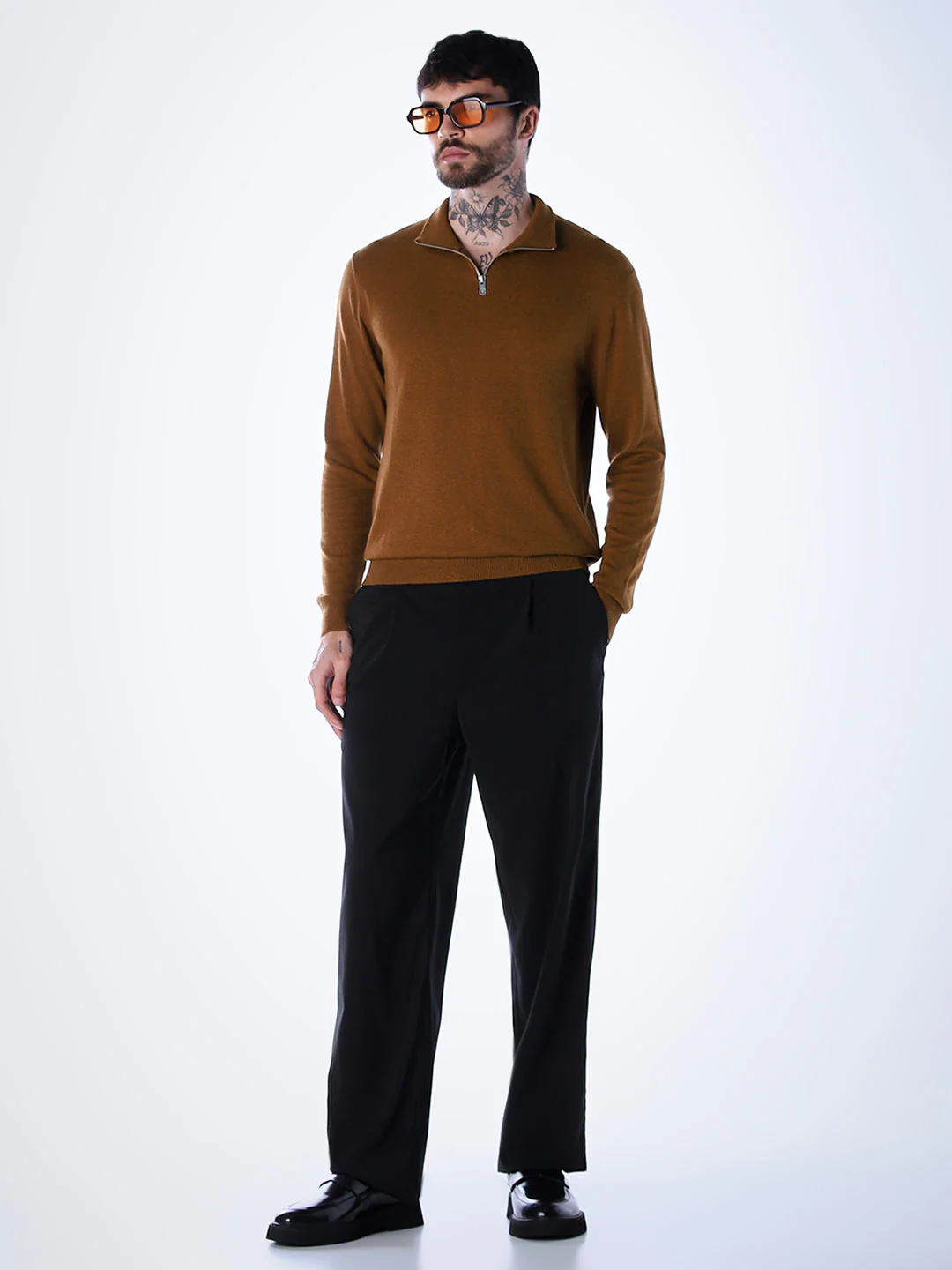 Zip-Up High Neck Flat Knit - Brown - Image 6