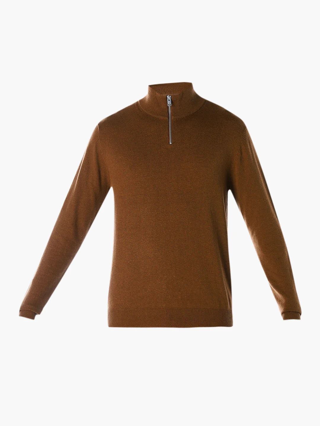 Zip-Up High Neck Flat Knit - Brown - Image 7