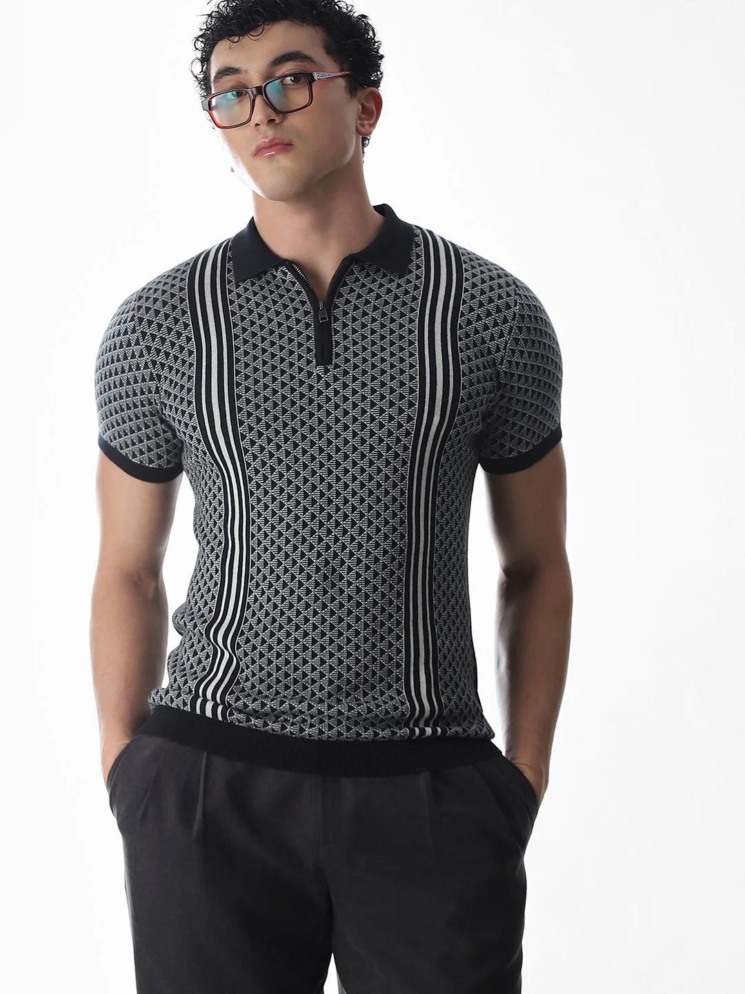 Zipper Detailing Flat Knit Polo