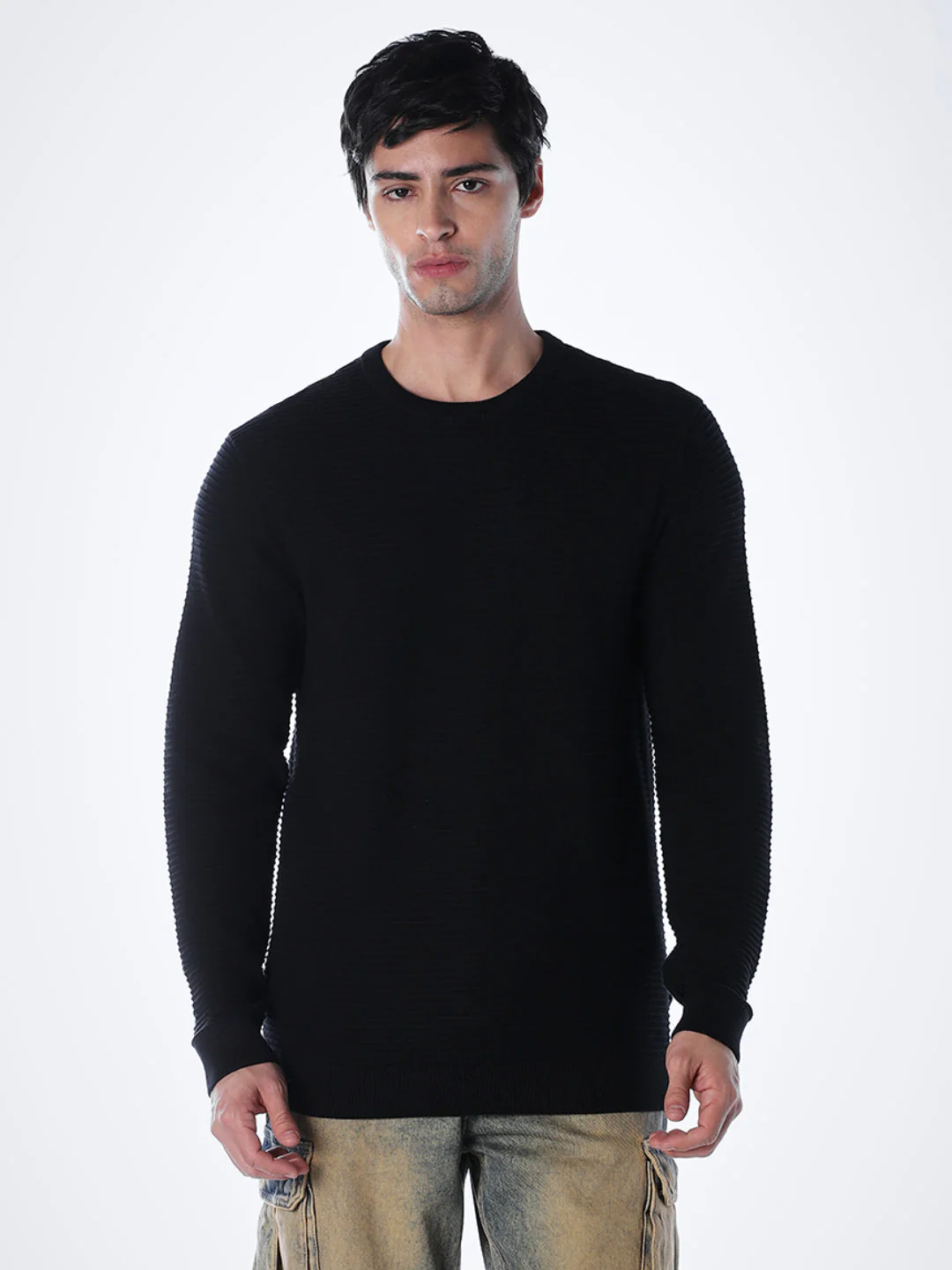 Black Cotton Flat Knit Pullover - Image 2