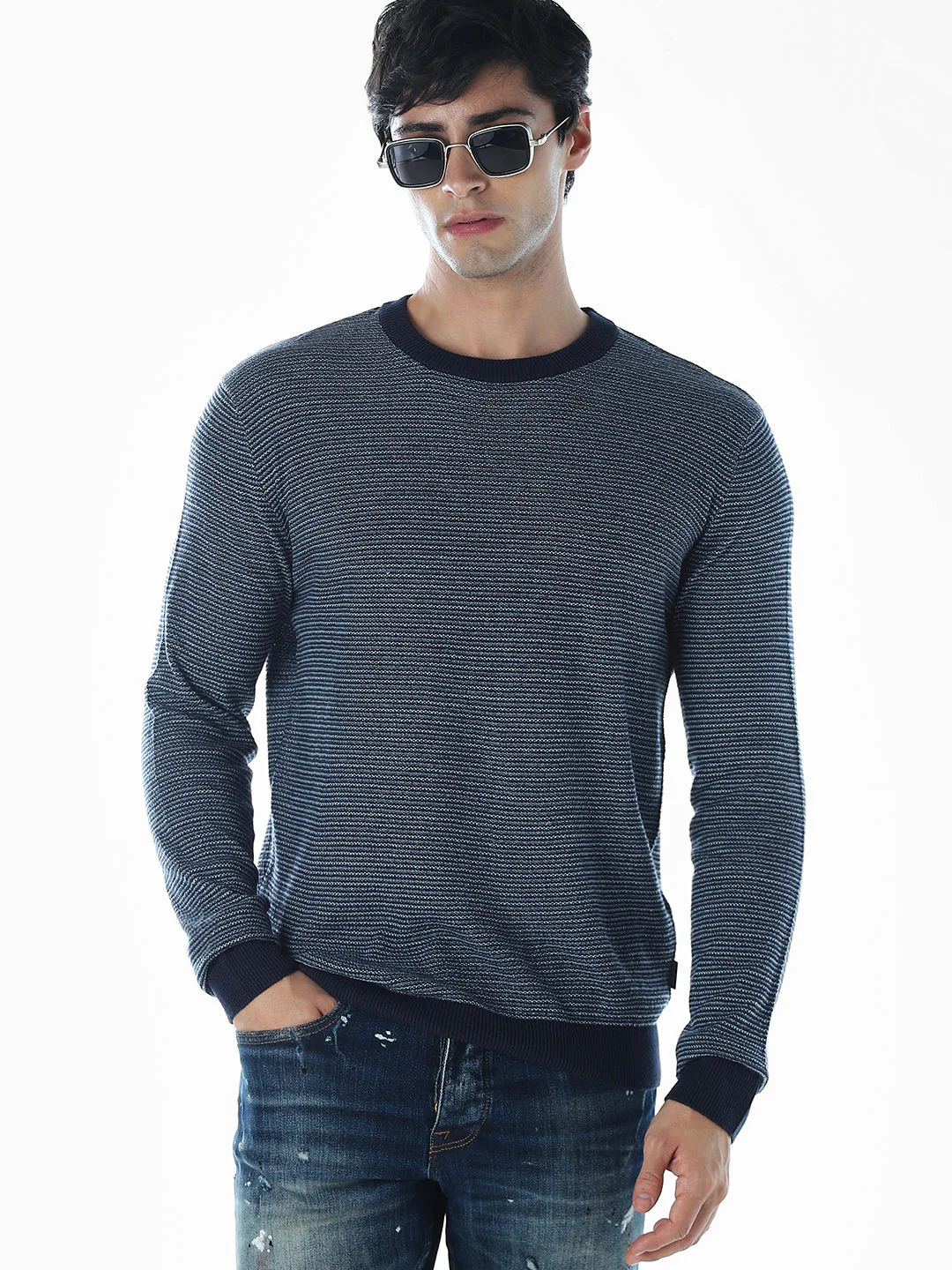 Striped Flat Knit Cotton Pullover