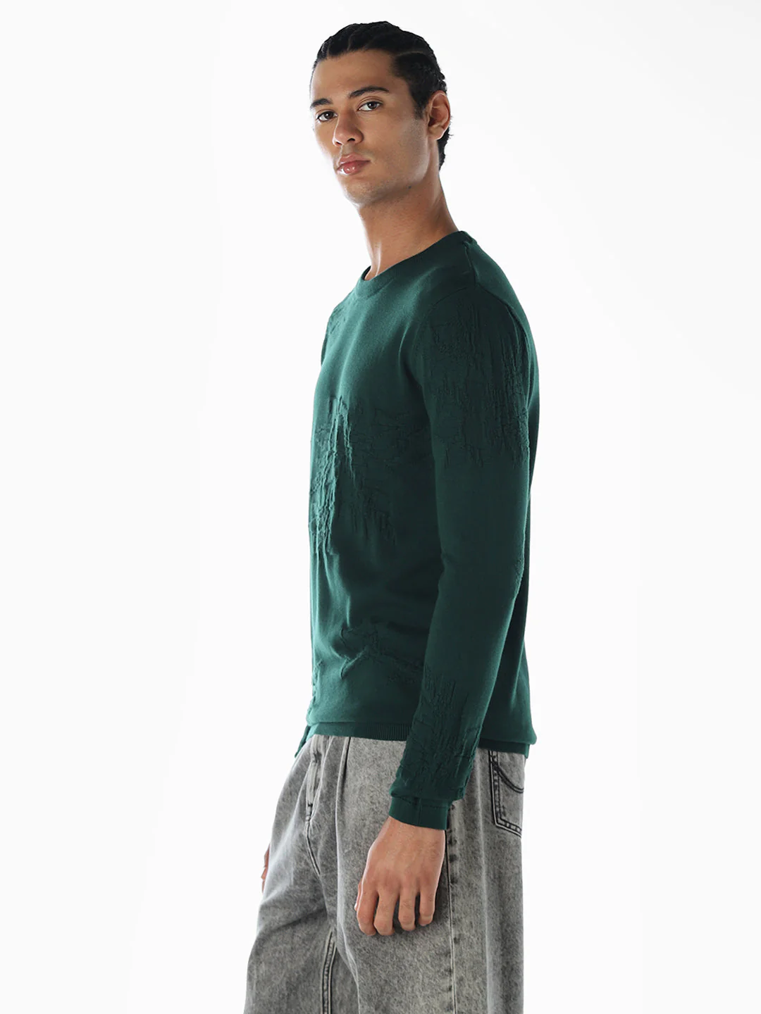 Printed Flat Knit Oversized Pullover - Green - Image 3
