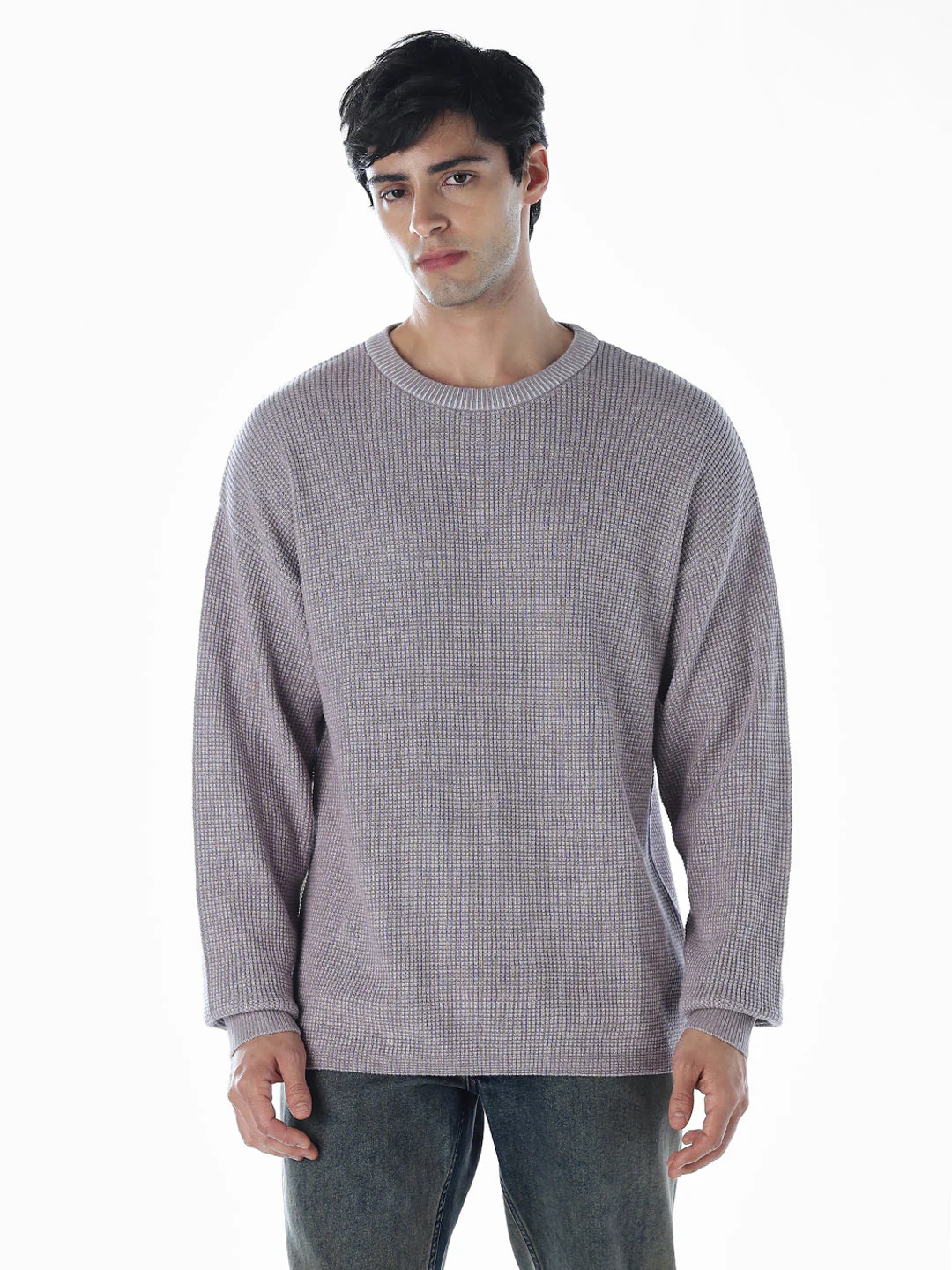 Textured Stretch Oversized Pullover - Grey - Image 2
