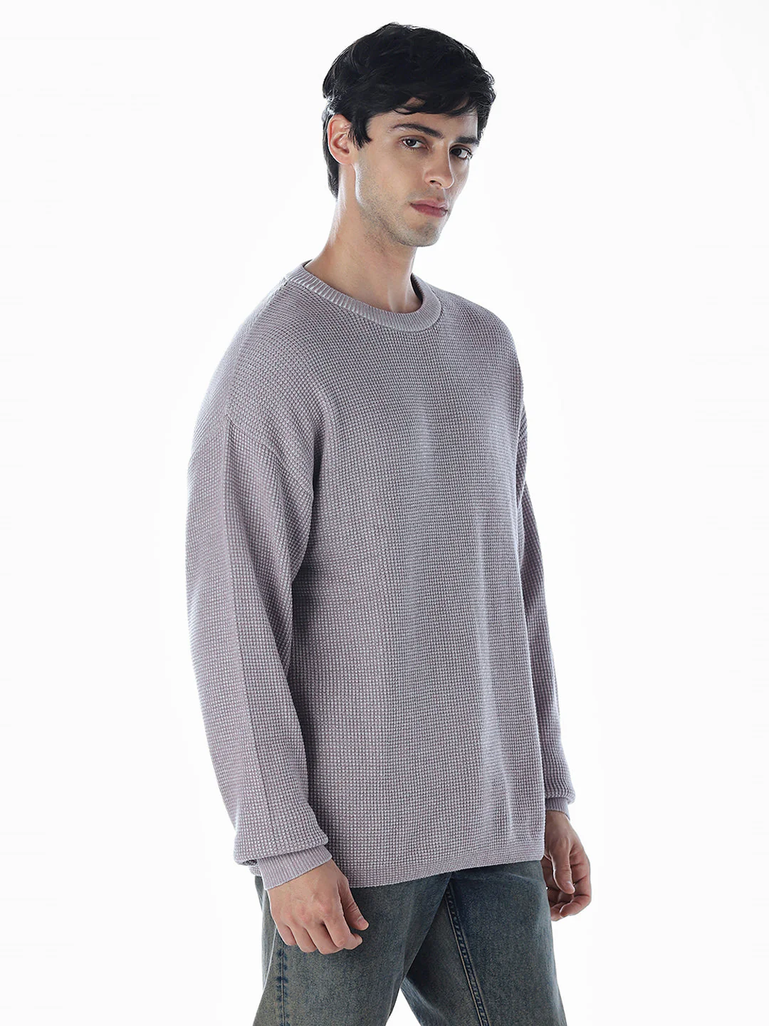Textured Stretch Oversized Pullover - Grey - Image 3