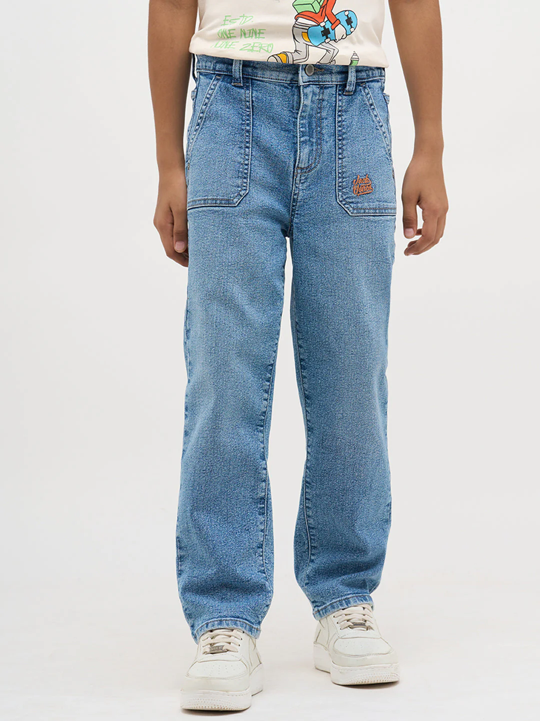 Light Blue Patch Pocket Loose Fit Jeans - Image 2