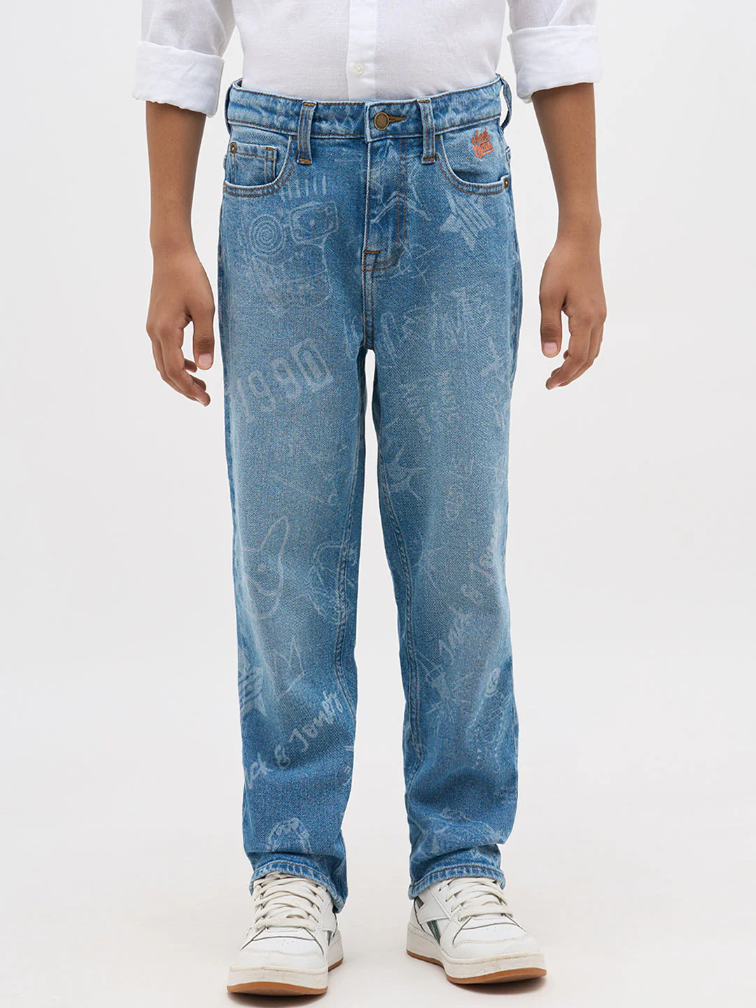 Blue Washed Printed Loose Fit Jeans - Image 8