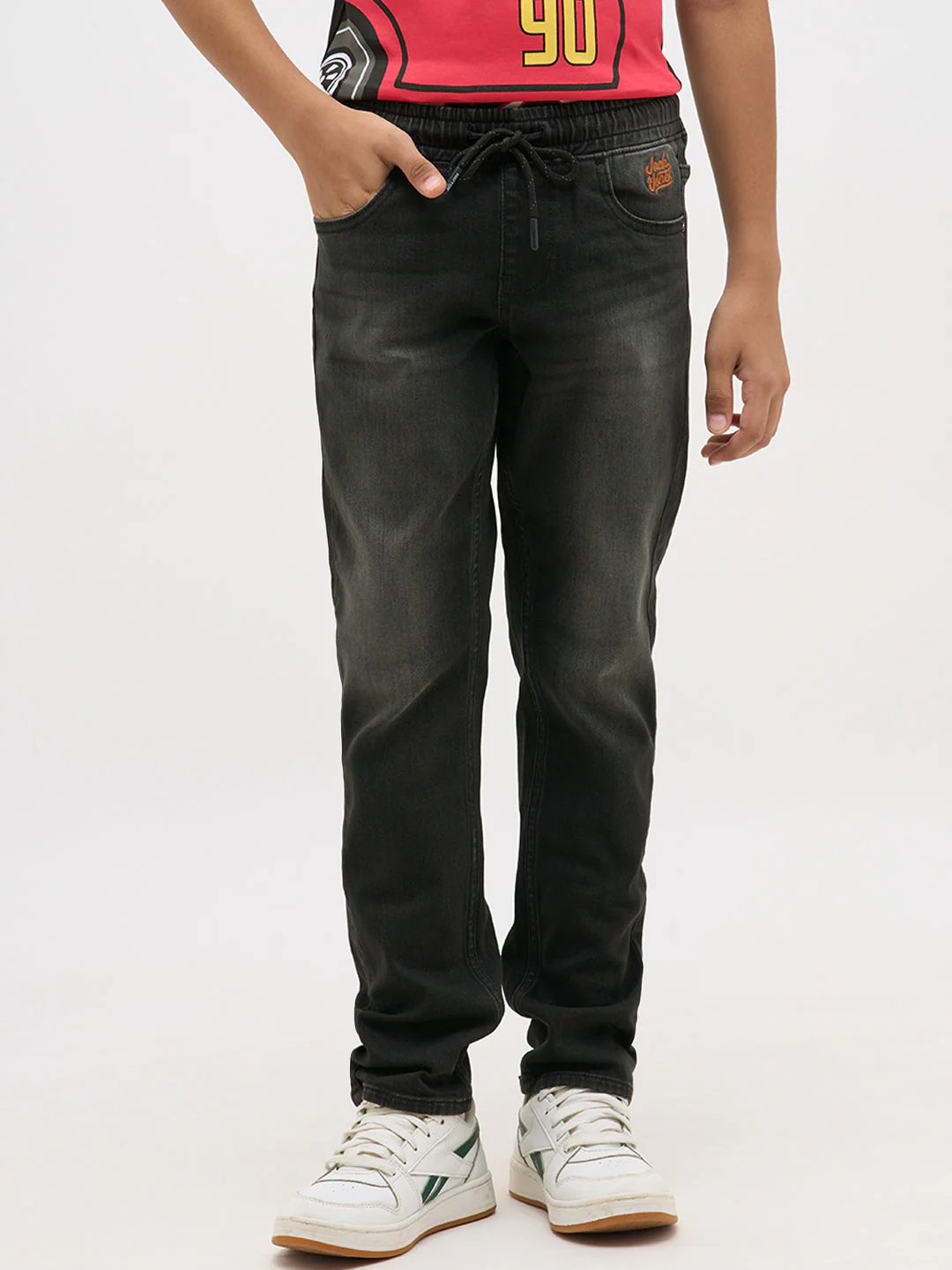 Black Washed Drawstring Regular Fit Jeans - Image 2