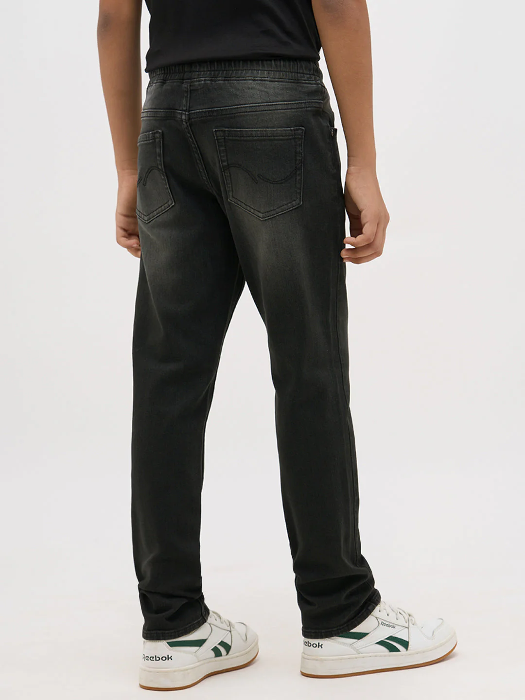 Black Washed Drawstring Regular Fit Jeans - Image 4