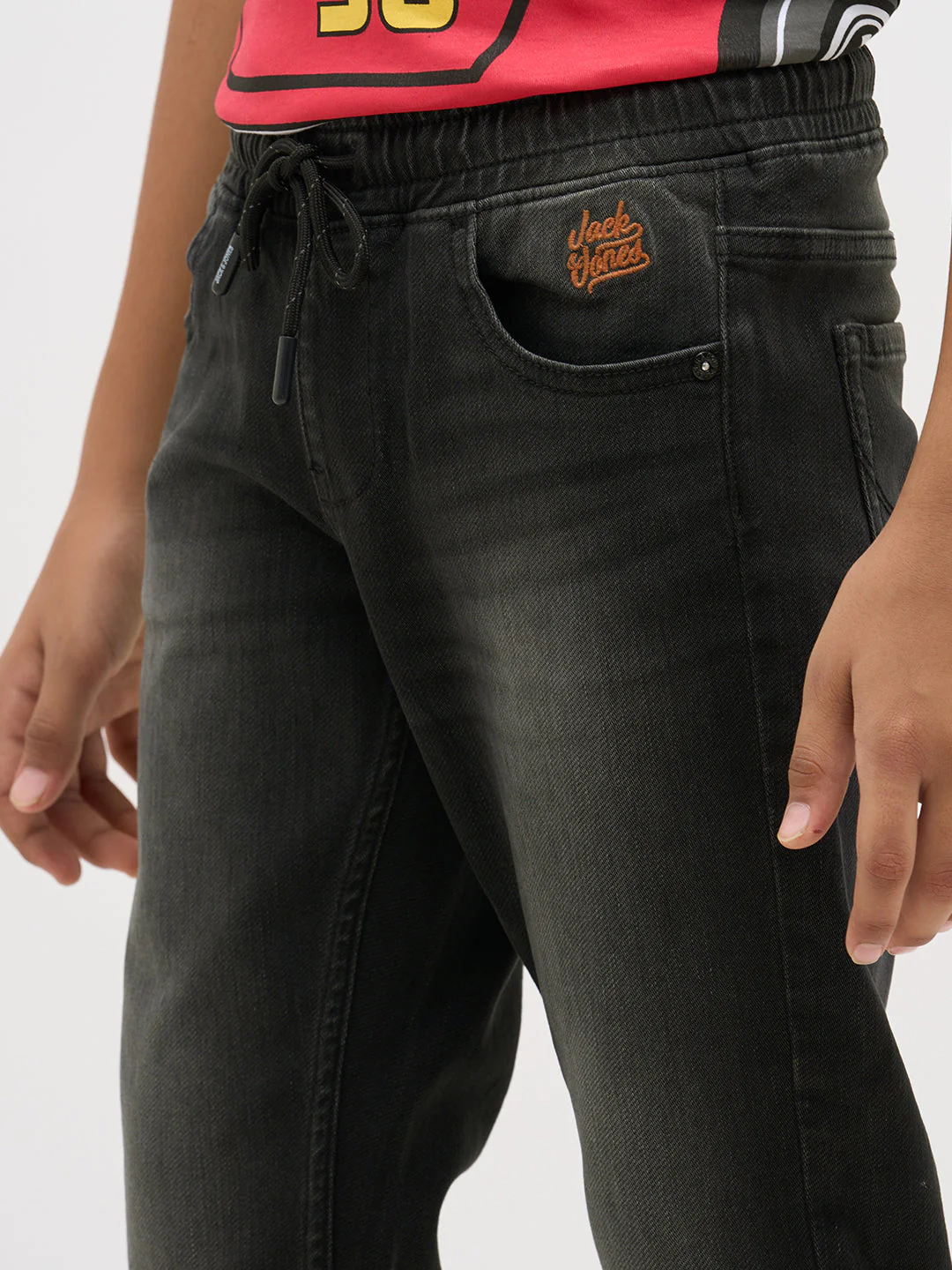 Black Washed Drawstring Regular Fit Jeans - Image 6