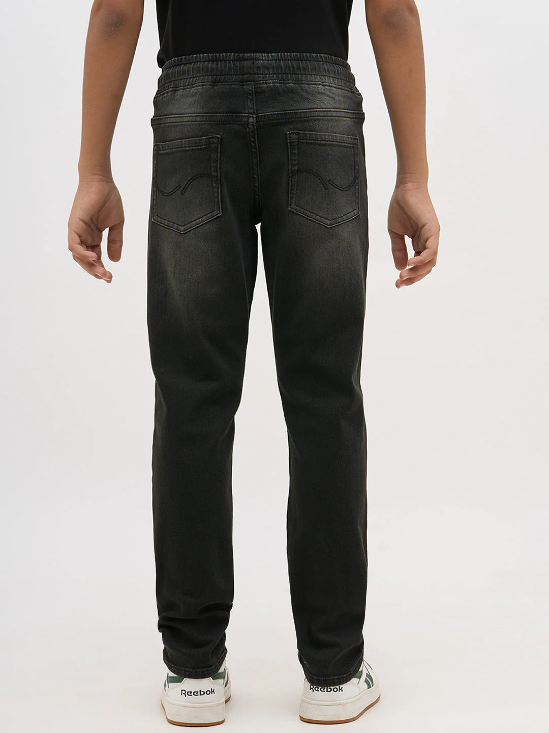 Black Washed Drawstring Regular Fit Jeans - Image 9