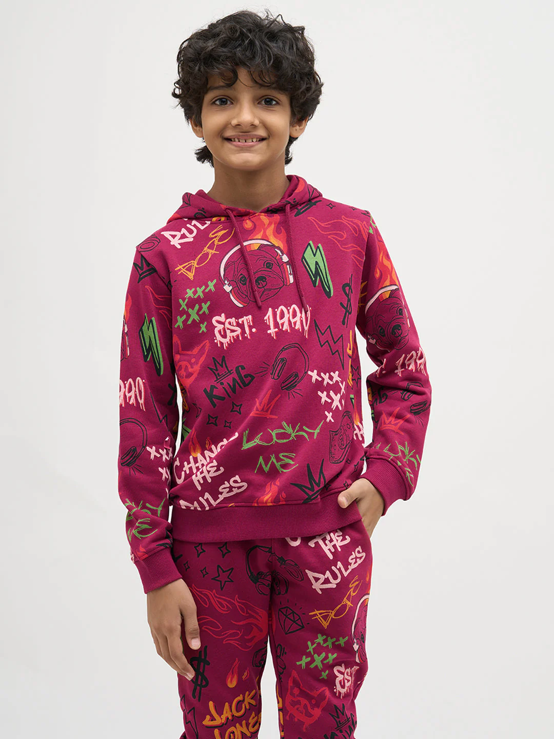 Boys Magenta Printed Hoodie - Image 2