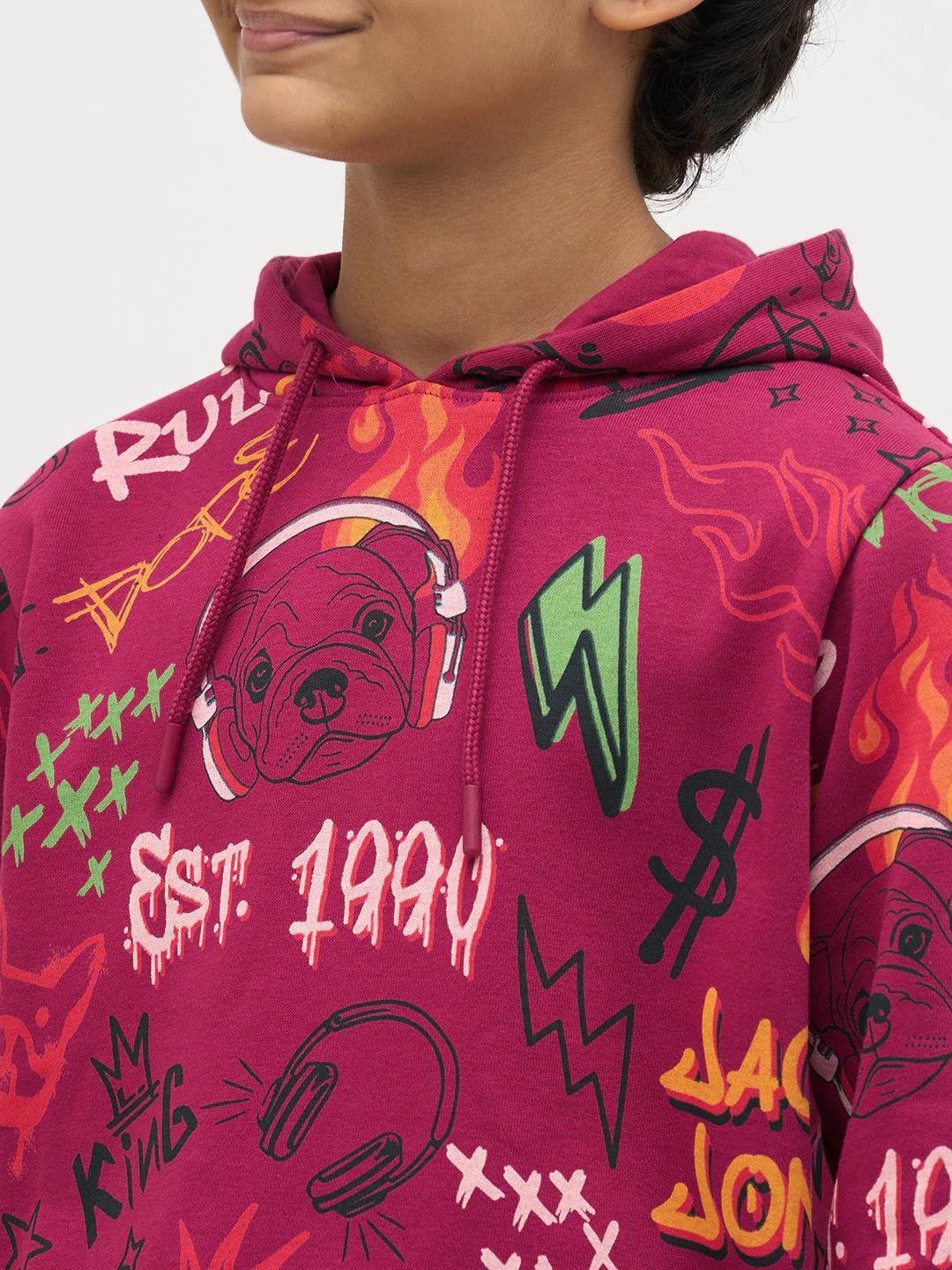 Boys Magenta Printed Hoodie - Image 6