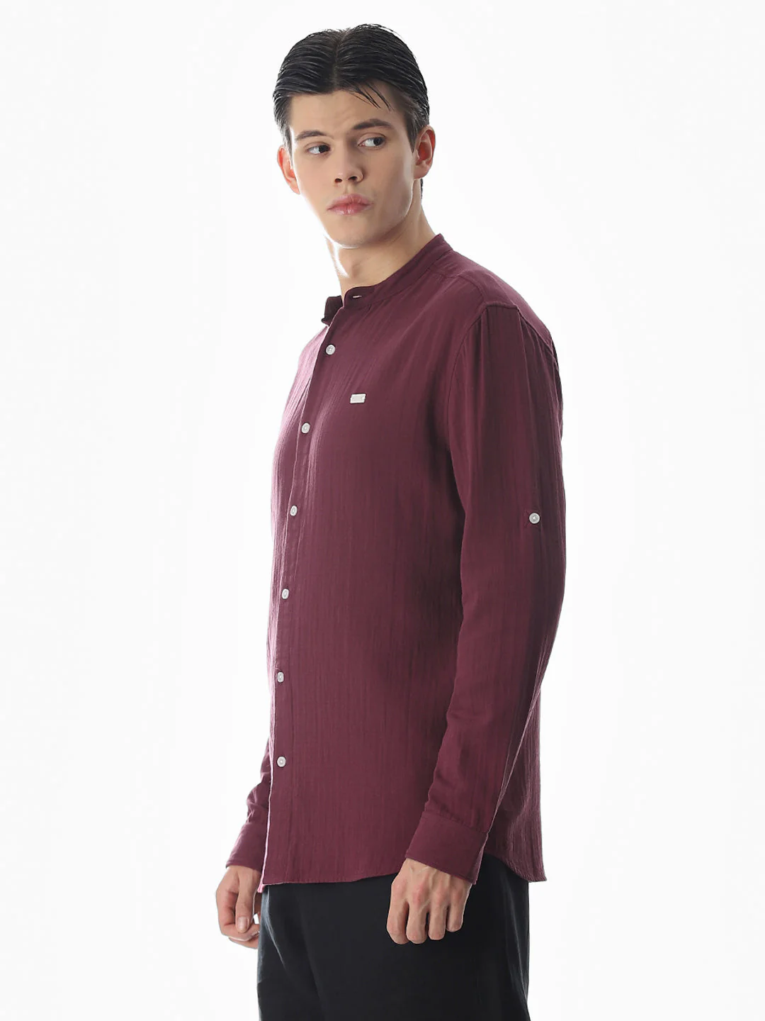 Double Cloth Cotton Shirt - Maroon - Image 3