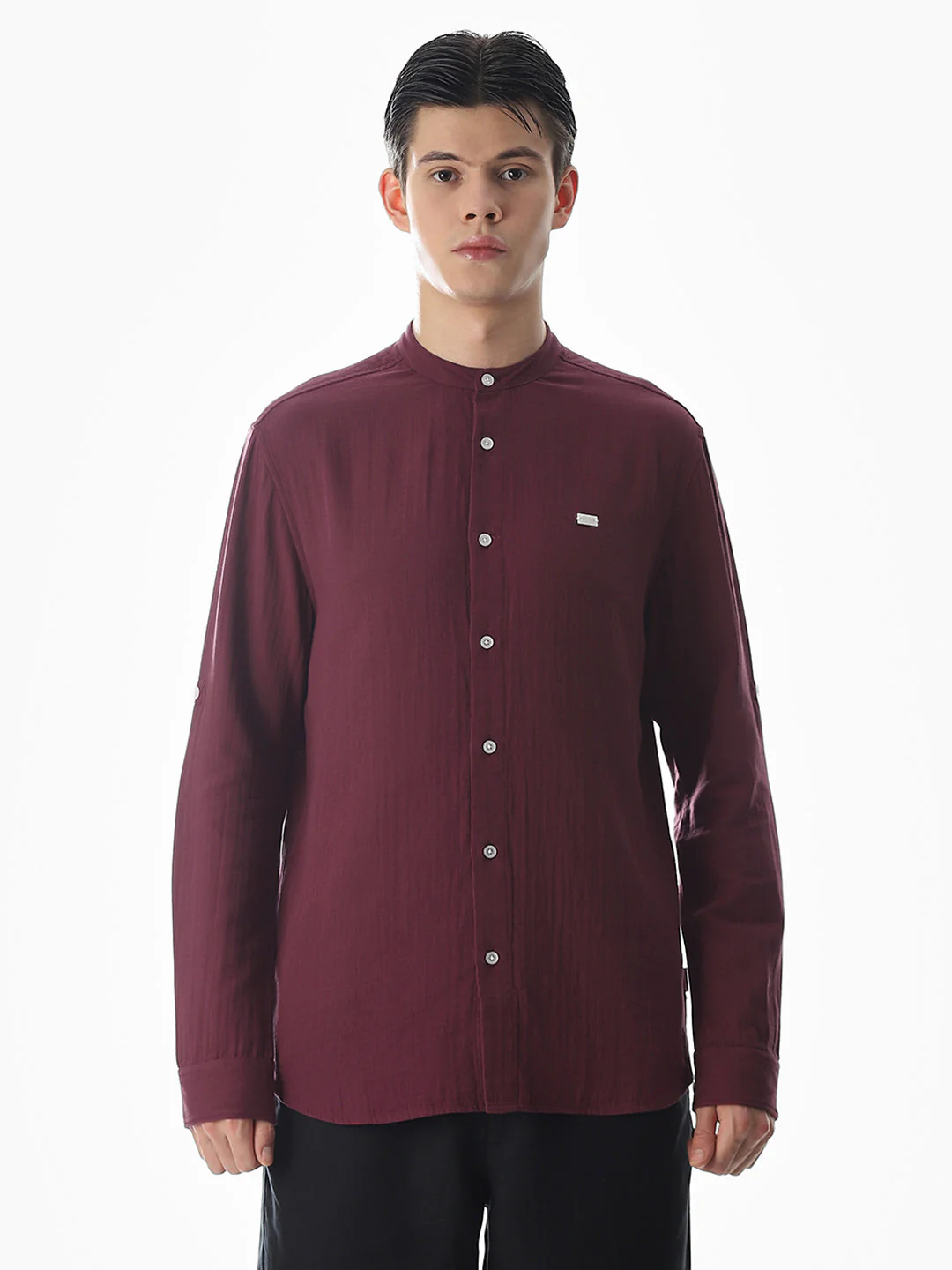Double Cloth Cotton Shirt - Maroon - Image 8