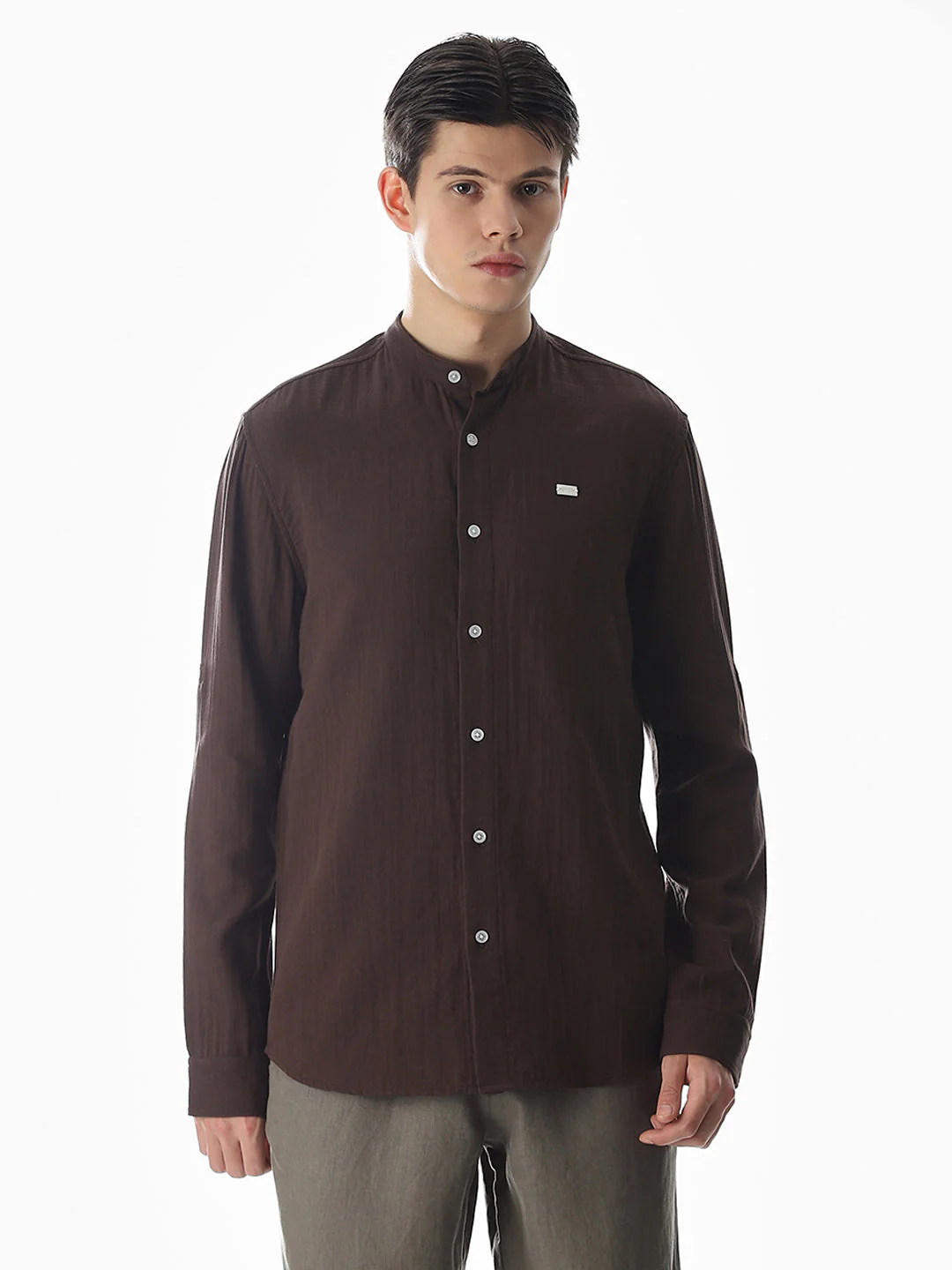 Double Cloth Cotton Shirt - Dark Brown - Image 2