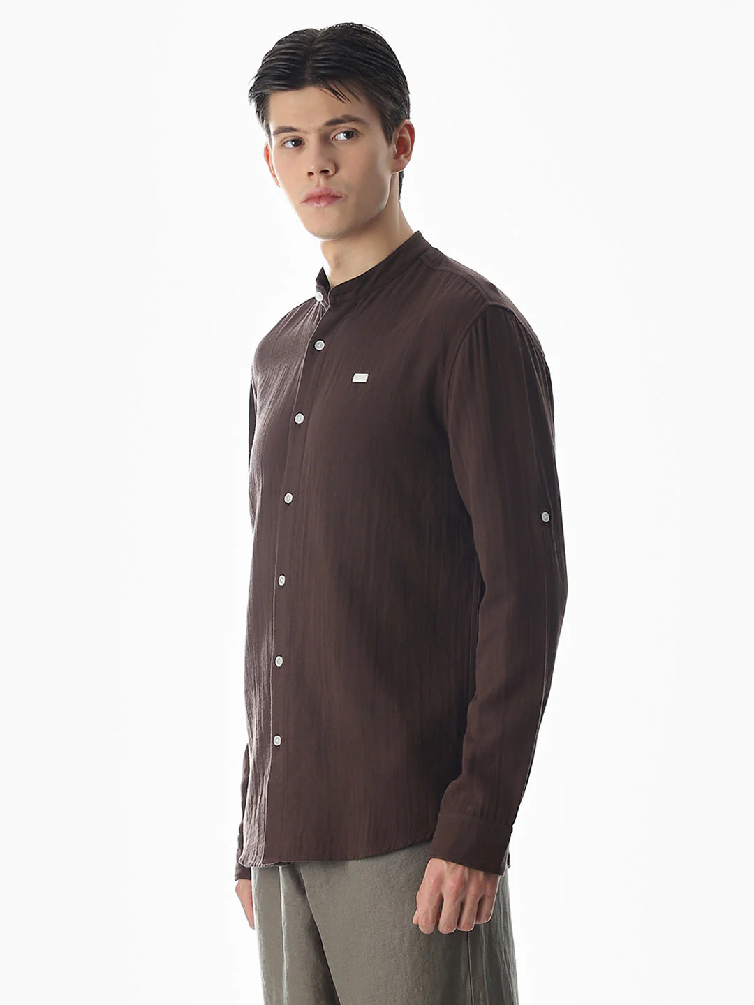 Double Cloth Cotton Shirt - Dark Brown - Image 3