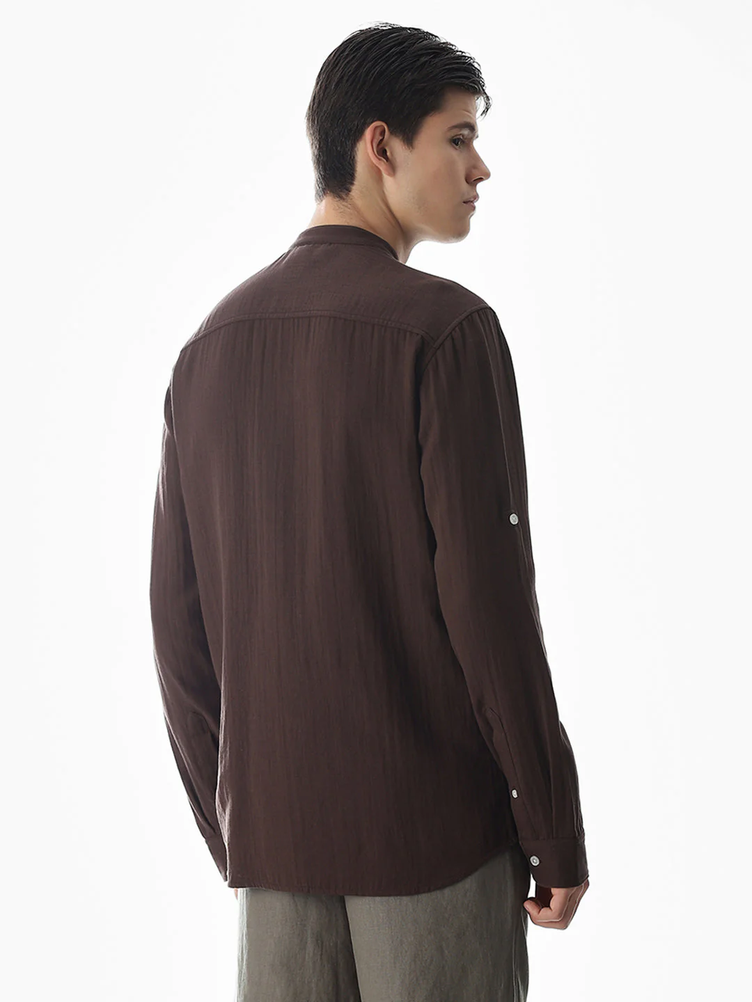 Double Cloth Cotton Shirt - Dark Brown - Image 4