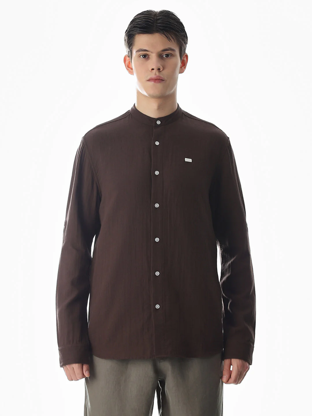 Double Cloth Cotton Shirt - Dark Brown - Image 8