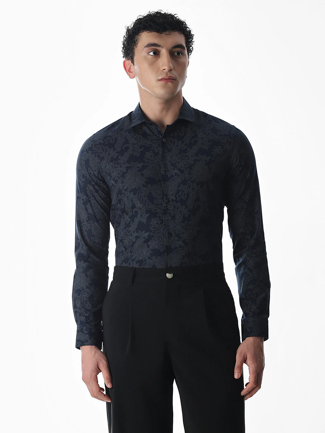 Printed Navy Blue Slim Fit Shirt - Image 2