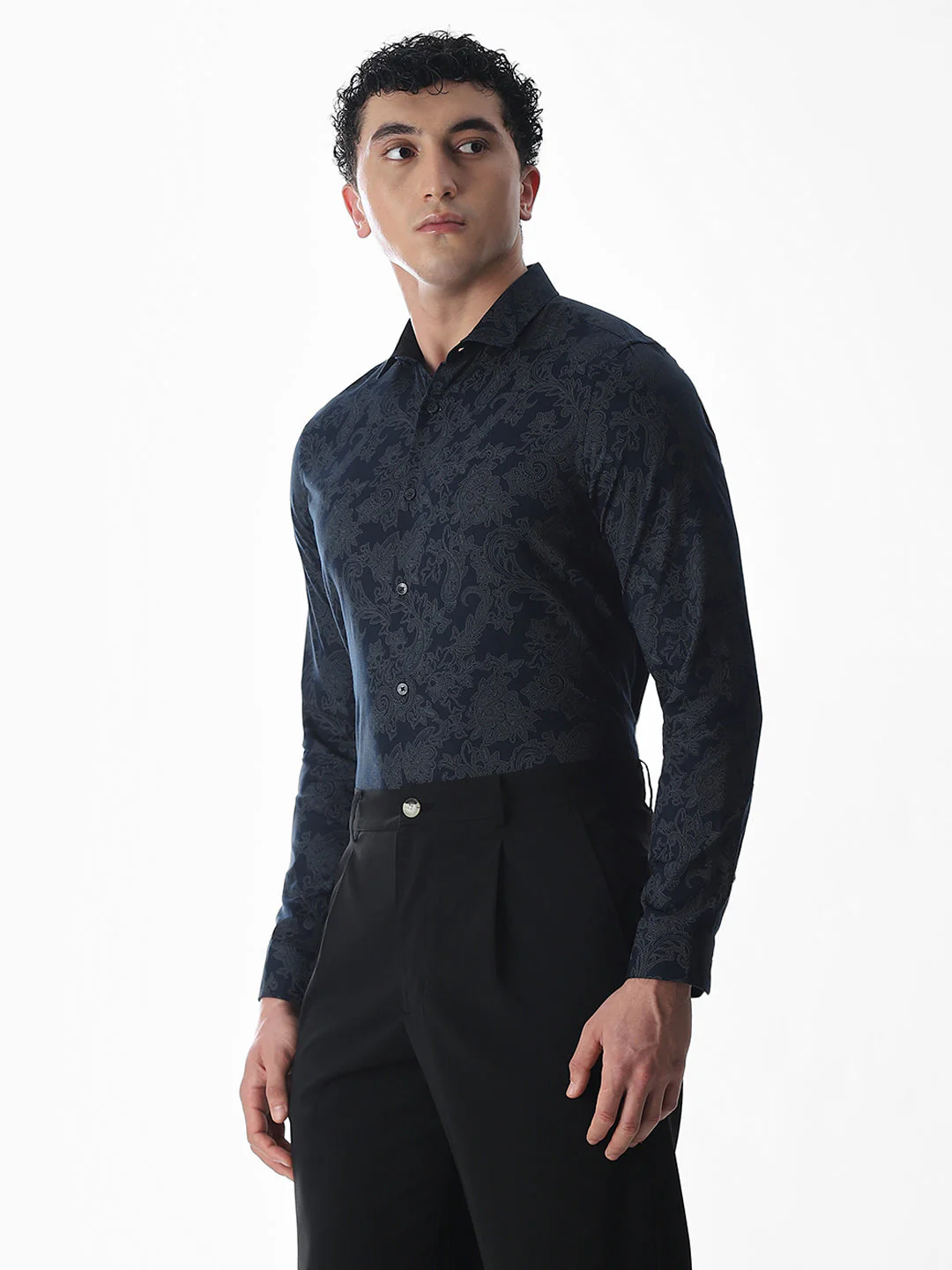 Printed Navy Blue Slim Fit Shirt - Image 3